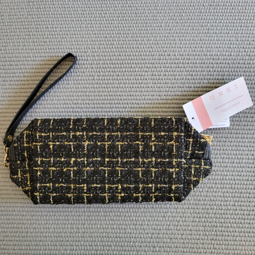 🆕️ UNNI Black and Gold Tweed Women's Clutch Plaid Wristlet Purse Pouch NWT